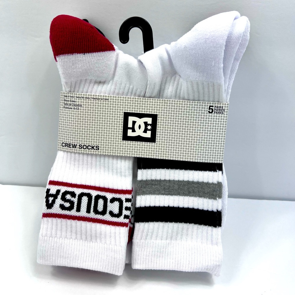 DC CO, 5 PAIRS OF CREW SOCKS, WITH RED & BLACK TOE COLORS